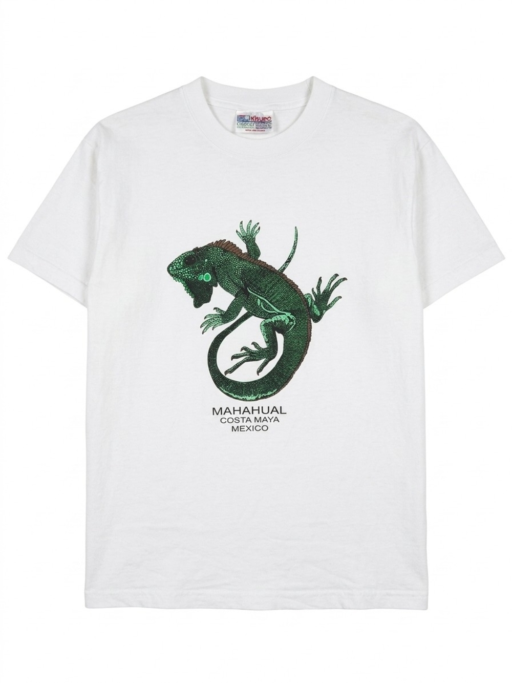 White T-Shirt with Green Iguana Graphic Large Cotton